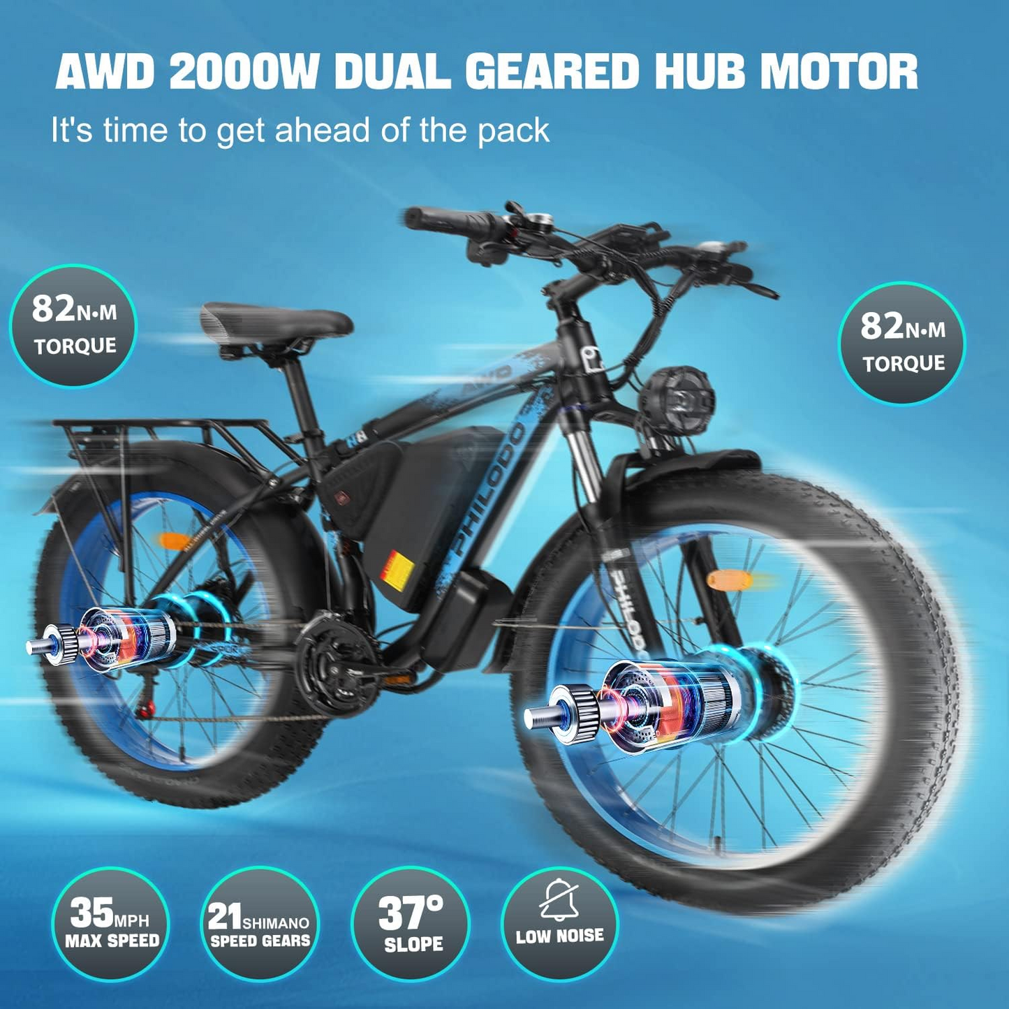(EU UK Stock)PHILODO H8 Electric Bike for Adults, 48V 23Ah Fat Tire Ebike Dual Motor AWD 2000W 35MPH Electric Bicycles 21-Speed with Ignition Lock Hydraulic Disc Brake-Blue