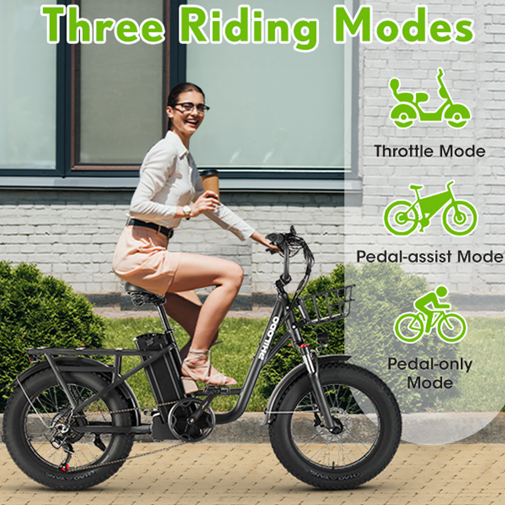 （EU Stock）PHILODO T1 Electric Bike for Adults, 48V 20Ah Fat Tire Ebike Single Motor AWD 750W 15.6MPH Electric Bicycles 7-Speed Hydraulic Disc Brake-Black