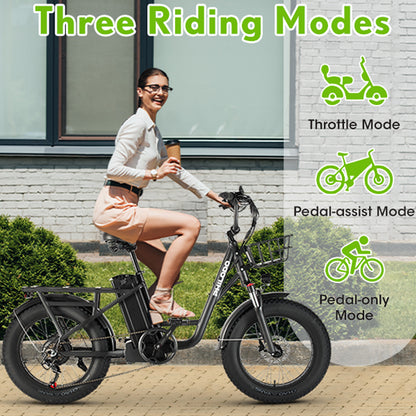 （EU Stock）PHILODO T1 Electric Bike for Adults, 48V 20Ah Fat Tire Ebike Single Motor AWD 750W 15.6MPH Electric Bicycles 7-Speed Hydraulic Disc Brake-Black