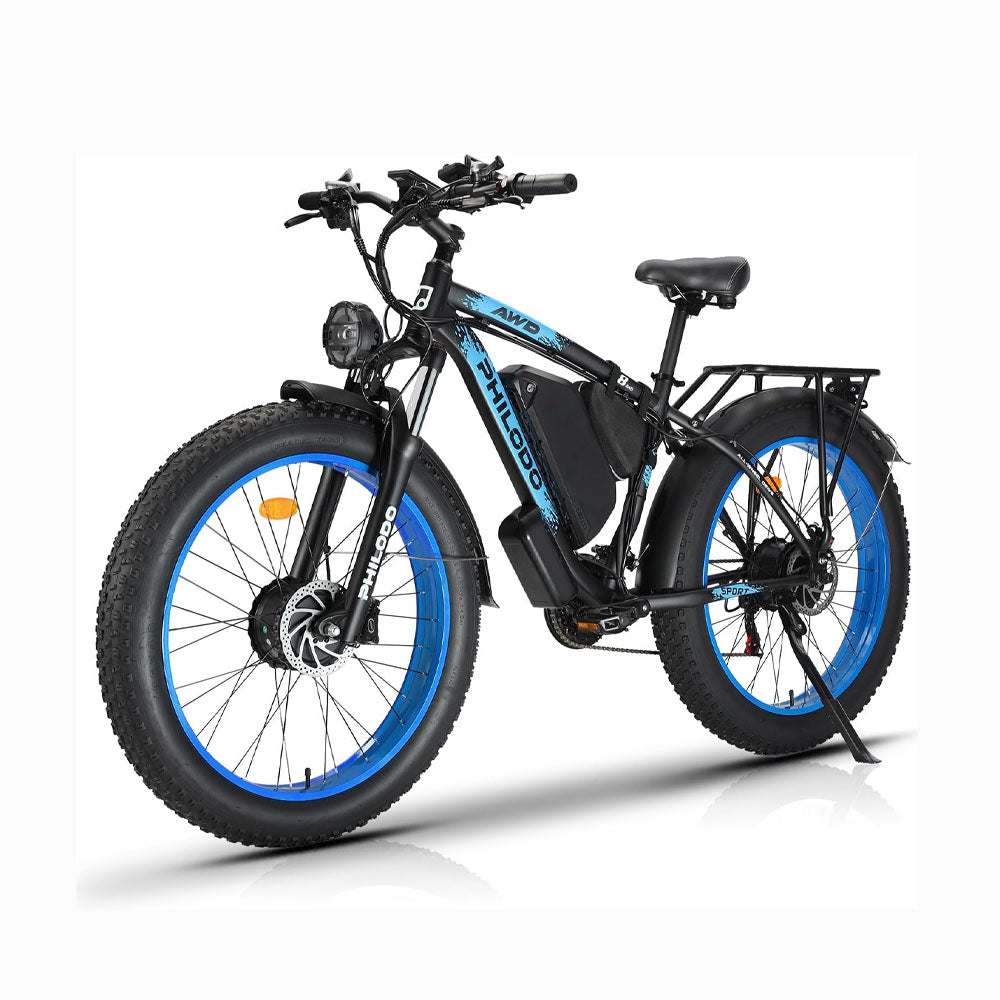 （EU UK Stock）PHILODO H8 Electric Bike for Adults, 48V 23Ah Fat Tire Ebike Dual Motor AWD 2000W 35MPH Electric Bicycles 21-Speed with Ignition Lock Hydraulic Disc Brake-Blue